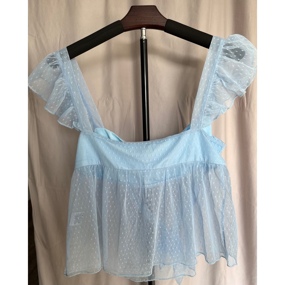Princess Polly Blue Mesh Ruffle Tie Back Peplum Top Swiss Dot Size 6